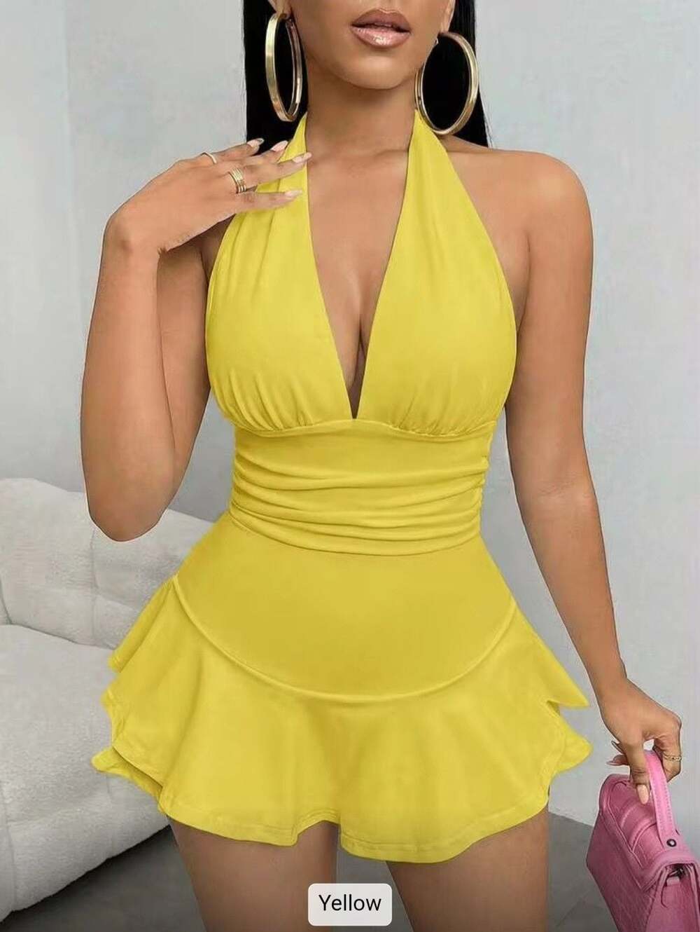 SHEIN Halter Romper Size M Yellow Ruffle V-Neck Backless